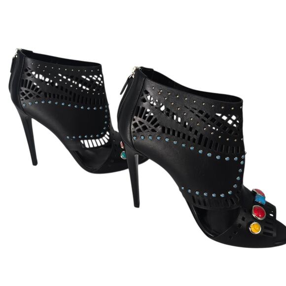 Gucci Lika Laser Cut Black Leather Jewel Studded Heeled Open Toe Booties 40 - Picture 2 of 15